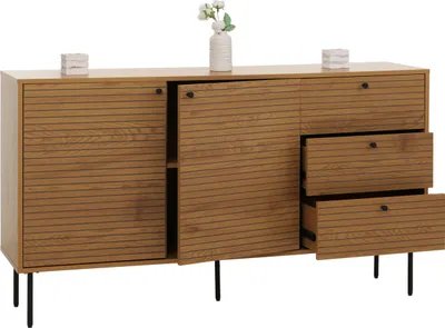 Immagine prodotto di Cassettiera HWC-N78, credenza, 3 cassetti 2 ante, stile scandinavo metallo legno melamina MVG 85x150x40cm ~ naturale