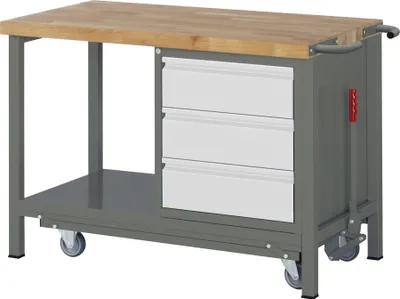 Produktbild von STIER Werkbank Premium, mit abs. Fahrgestell, 3 Schubladen, 125x70x88cm, Stahl & Buche