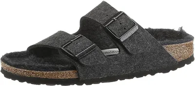Produktbild von Birkenstock Arizona Damen - Herren Pantolette happy lamb Wollfilz , Farbe:anthrazit happy lamb black, Größe:44, Weite:Schmal