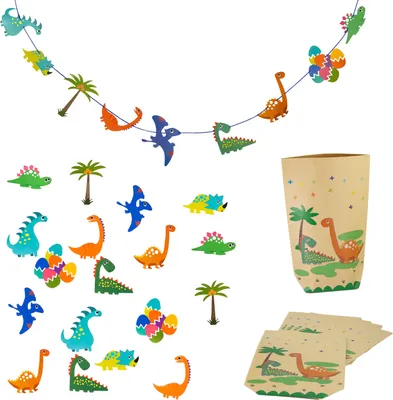 Produktbild von Oblique Unique Dino Deko Set Kinder Geburtstag Jungs Kinderzimmer - Dinosaurier Girlande + Geschenktüten + Konfetti