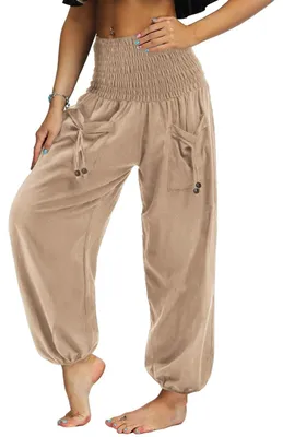 Produktbild von Haremshose Hohe Taille - Faltige Yogahose - Leichte Loungewear - Sommerhose - Atmungsaktiv - Mit Taschen - Boho Hose