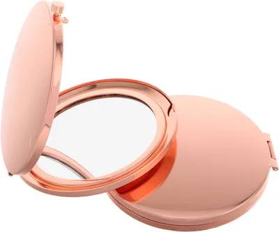 Produktbild von Doppelseitiger, faltbarer Kosmetikspiegel (2-teilig), kleiner runder Taschenspiegel aus roségoldenem Metall für Handtasche und Reisen