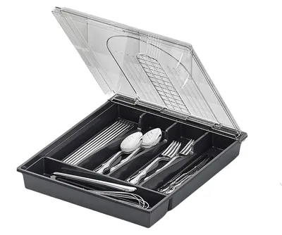 Produktbild von Besteck- & Utensilienhalter - Aufbewahrungsbox mit Deckel - 5 Fächer - Kunststoff - Für Arbeitsplatte - Abgedeckte Aufbewahrung - Grau