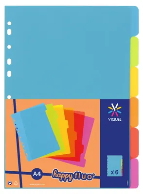 Zdjęcie produktu dla Rejestr Viquel, wykonany z tworzywa sztucznego, format A4, wymiary 21 x 29,7 cm, przeznaczony do segregatorów A4, w jaskrawych kolorach, 6 stron