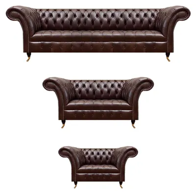 Immagine prodotto di Set Chesterfield di design in pelle marrone Mobili da salotto moderni Set da 3 pezzi