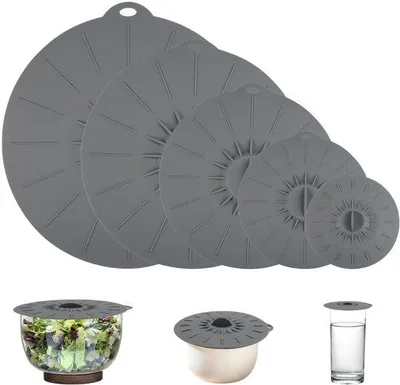 Produktbild von Unyqoos® Set 5 wiederverwendbare Silikon-Deckel, BPA-frei, Ø 10–25 cm, universal für Schüsseln, Töpfe & Becher, 100–200°C, backofen- & gefriersicher, spülmaschinenfest