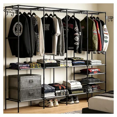 Produktbild von Kleiderschrank mit viel Stauraum, Offener Kleiderschrank mit 10 Fächern und 2 Haken, Stabiler Stoffschrank, Ideal für Schlafzimmer, Wohnzimmer und Ankleide, 215×36×170 cm, Schwarz