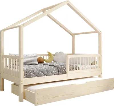 Obrázek produktu pro TIMBEE MURLO Postel Duo house manželská postel Dětská postel Dřevěná postel se zásuvkou s funkcí spánku - Nelakovaná - 90x200cm