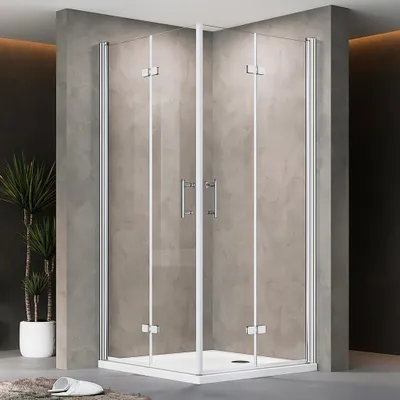 Produktbild von Falttür Duschkabine 90x90x195cm Eckeinstieg Duschabtrennung Doppelt Falttüren Eckdusche Faltbar Duschwand Silber Faltdusche aus ESG-NANO GLAS