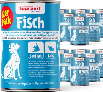 Produktbild von Supravit Hundenassfutter mit Fisch & Lachs12 x 410g Dosen | Nassfutter getreidefrei & ohne Soja