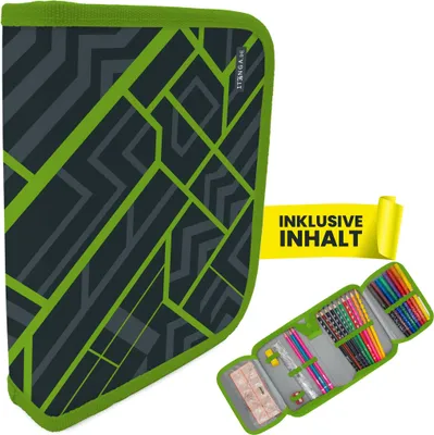 Produktbild von itenga Schüler-Etui Mäppchen geometrisches Muster 28 teilig (gefüllt) 1-Zipper