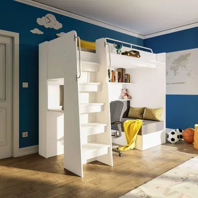 Produktbild von Marlux-Meble Hochbett JSM-7 90x200 TREPPE Links mit Schreibtisch Schränke und Ausklappbares Sofa 70x180 Matt Funktionsbett Etagenbett Stockbett Kinderhochbett Jugendhochbett (Weiß Matt)