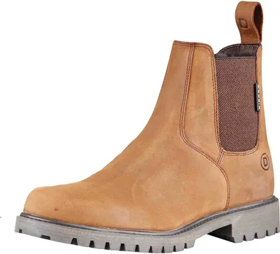 A single brown leather boot is shown against a white background.