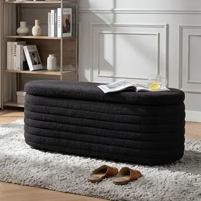 Image de Banc avec rangement, coffre de rangement en tissu polaire, noir, 115,5 cm