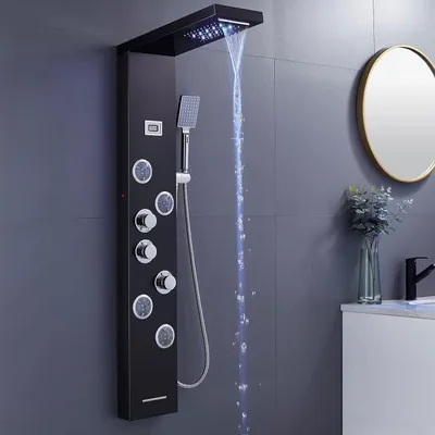 Produktbild von Duschpaneel Regendusche Edelstahl Schwarz mit LED-Lichter,5 Funktionen Duschsystem mit Handbrause, Massagedusche und Wasserfall Dusche
