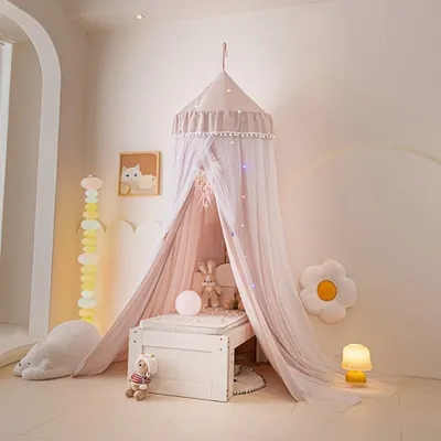 Image de Voilage de lit à double couche pour chambre d'enfant, lit bébé, style princesse, avec auvent et moustiquaire, couleur rose clair