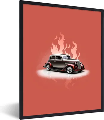 Produktbild von MuchoWow® Gerahmtes Poster Auto - Rosa - Vintage - Flammen 60x80 cm - Poster mit Schwarzem Bilderrahmen Wandposter Rahmen Foto Bilder - Premium - Wanddeko Wohnzimmer