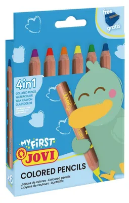 Productafbeelding van Jovi "Mijn eerste" kartonnen etui met 6 houten kleurpotloden, 4-in-1, assorti.