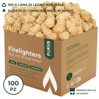Immagine prodotto di HORECA CANDLES Accendifuoco Naturali Fokus Firelighters 100 pz – lana di legno e cera, senza odore e fumo, per camino, griglia, stufa e barbecue