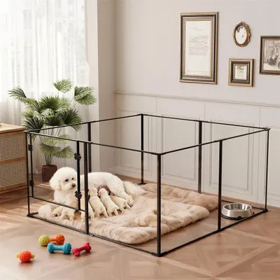 Image de Enclos intérieur pour animaux - Enclos pour chiots, composé de 8 pièces - Clôture en acrylique transparent - Avec porte - Pour chiens, chats et petits animaux - 122 x 122 x 76,5 cm - Noir et transparent