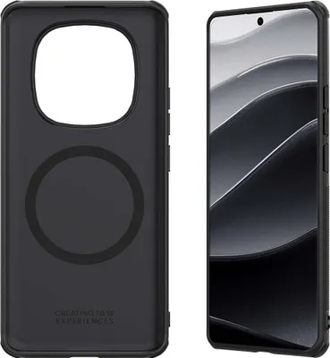 A black phone case and a smartphone are displayed side-by-side against a white background.