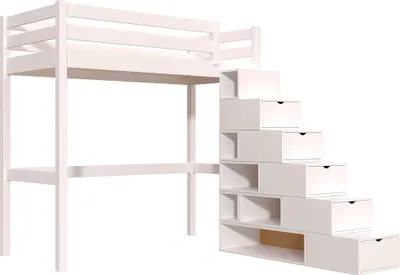 Produktbild von Hochbett holz mit Treppenregal Sylvia - 90x200 - Weiß