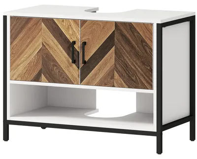 Produktbild von Unterschrank mit 2 Tš¹ren und offenem Fach fš¹r Spš¹lbecken mit oder ohne S?ule, 80 x 40 x 60 cm, Creme und Walnuss