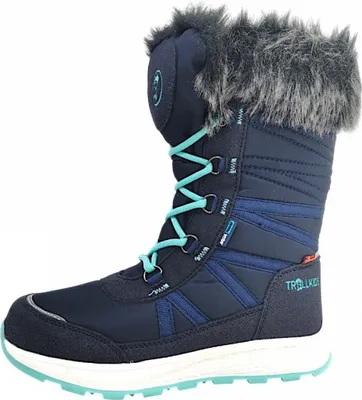 A single blue winter boot with faux fur trim is shown against a white background.