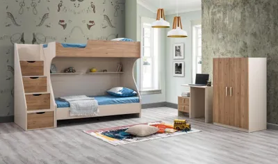 Zdjęcie produktu dla Drewniany zestaw do pokoju dziecięcego w kolorze brązowym o nowoczesnym designie