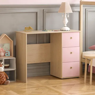 Produktbild von Kinderschreibtisch mit 3 Schubladen, rosa und Eichenoptik, 1 Stück, für Kinderzimmer