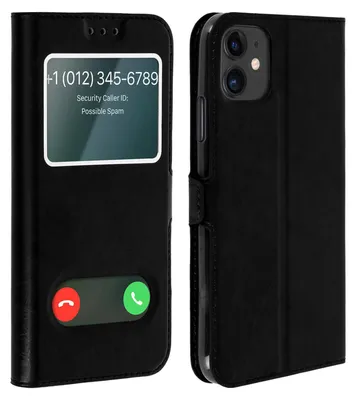 A black flip cover for an Apple iPhone 11 is shown, with a window displaying a simulated incoming call screen and call answer/reject buttons.