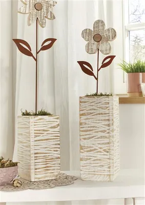 Image de 2x vase de décoration "White Shabby" en bois recyclé, hauteur 23 + 30 cm, vase pour fleurs séchées, vase de fleurs, set de vase