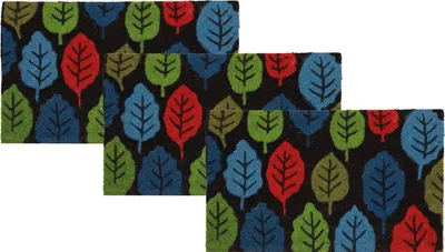 Produktbild von Betz 3er Kokosmatte aus 100% Kokos - Fußmatte - Fußabstreifer –Schmutzfangmatte Muster Blätter grün/blau/rot Größe 45 cm x 75 cm x 1,5 cm