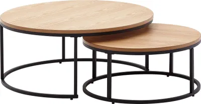 Produktbild von Couchtisch 2er Set Holz / Metall Sofatisch Rund Eiche Modern | Design Beistelltisch 2-teilig | Runde Wohnzimmertische | Holztisch Satztische