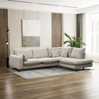 Produktbild von L-Form Ecksofa mit Wellenfedern Prince L L-Shape Corner Sofa aus Cord-Bezug l-förmiges Polsterecke für Wohnzimmer, Farbe: Beige, Ottomane: Rechte