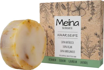 Produktbild von Meina - Haarseife Naturkosmetik für fettiges Haar - Bio Shampoo Bar gegen Schuppen mit Rosmarin, Teebaum und Lavendel (1 x 80 g) palmölfrei, vegan festes Shampoo, Shampooseife