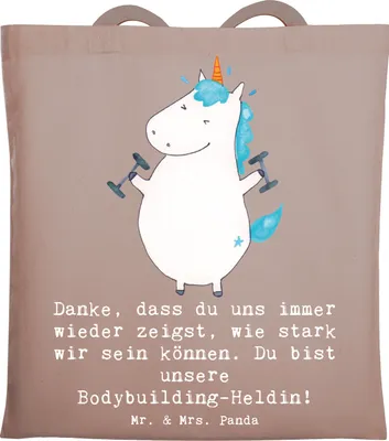 Produktbild von Mr. & Mrs. Panda Shopping Tasche Bodybuilding Trainerin - Braun Pastell - Geschenk, Fitnesscoach, Tote Bag, Stoffbeutel, Wertschätzung, Fitness, Sportart, Danksagung