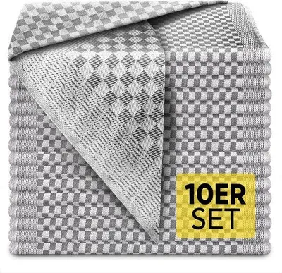Productafbeelding van Famanu set van 10 theedoeken, grijs-wit geruit - 70x50 cm, premium kwaliteit