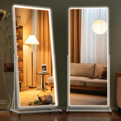 Immagine prodotto di Specchio a figura intera con rotelle, dimensioni 180 x 61 cm, rotazione a 360°, illuminazione a LED, colore bianco