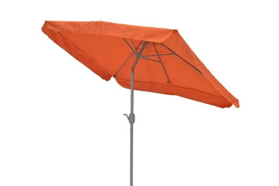 An orange rectangular umbrella shown from a slightly elevated side angle, with its pole visible.