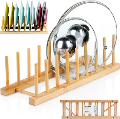 A bamboo dish and lid rack displaying various colored plates and pot lids.