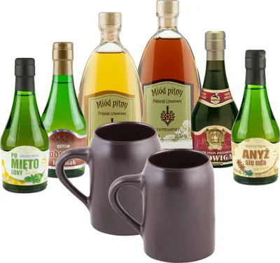 Produktbild von Setz von 6 Mets mit Keramikkrügen (Honigwein 2x Półtorak-Eineinhalber/ 4x Trójniak-Drittel) | 1400ml | 13-16% Alkohol Metwein | Polnische Produktion