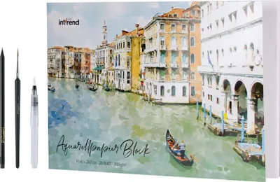 Image de int!rend Papier aquarelle A3 300 g/m² - 20 pages - Bloc aquarelle avec pinceau à réservoir d'eau & crayon - Papier aquarelle pour peindre, Watercolor Paper