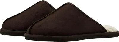 A pair of brown slippers with white lining is shown against a white background.