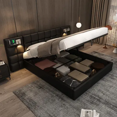 Produktbild von Polsterbett 180 x 200 cm, Hydraulikbett ,Mit USB port & Wireless Charging & beleuchtete Lampe, Mit Stauraum, PU, Schwarz