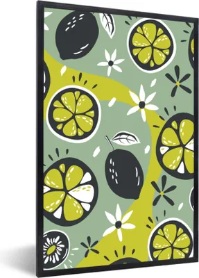 Produktbild von MuchoWow® Gerahmtes Poster Sommer - Obst - Blumen - Grau 40x60 cm - Poster mit Schwarzem Bilderrahmen Wandposter Rahmen Foto Bilder - Papierdruck - Wandbilder