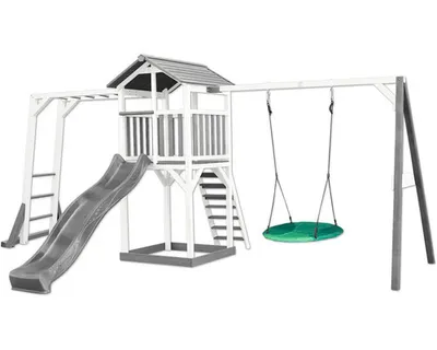 Produktbild von AXI Beach Tower Spielturm aus Holz in Weiß & Grau | Spielhaus für Kinder mit grauer Rutsche, Klettergerüst, Nestschaukel und Sandkasten | Stelzenhaus