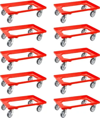 Produktbild von SparSet 10x Transportroller für Euroboxen 60x40cm mit Gummiräder rot | Offenes Deck | 2 Lenkrollen & 2 Bockrollen | Traglast 300kg | Kistenroller Logistikroller Rollwagen Profi-Fahrgestell