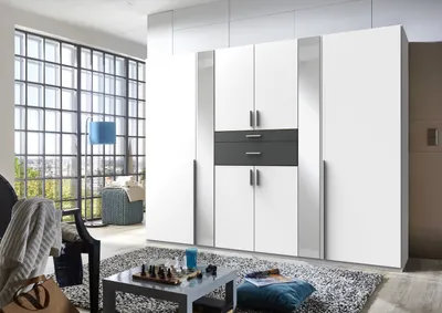 Produktbild von Kleiderschrank "Odessa" aus Spanplatte in Weiß mit 2 Schubladen und 8 Türen. Abmessungen (B/H/T) 270x208x58 cm