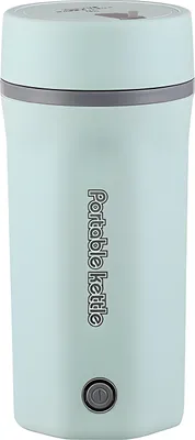 A light blue portable kettle is shown against a white background.